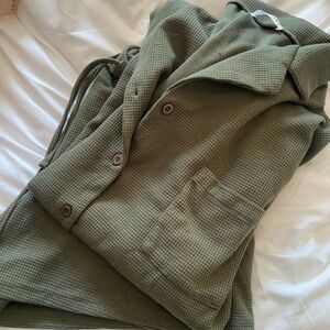 Olive Green Waffle Knit Pajama Set – Button Front Top & Drawstring Shorts